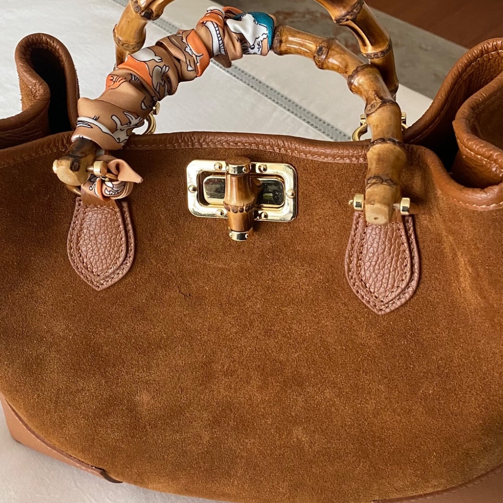 Italian leather/suede pocketbook with bamboo handles